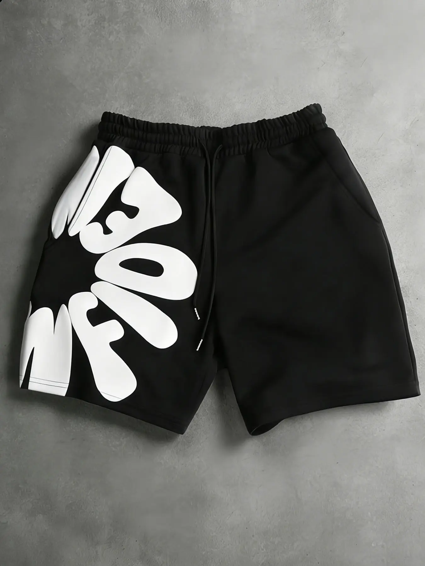 Men's bubble printed letter sports shorts, black Y2K streetwear shorts, wide leg casual jogging pants, drawstring waist sports track shorts, hip-hop urban style, Loose Sporty Shorts, Athleisure Street Shorts, Running Sport Shorts # casual streetwear