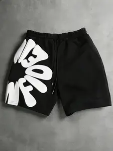 Puff Print Letter Sweat Shorts for Men, Black Y2K Streetwear Shorts, Oversized Wide Leg Casual Joggers, Drawstring Waist Athletic Track Shorts, Hip Hop Urban Style #PuffPrint #OversizedShorts #CasualStreetwear