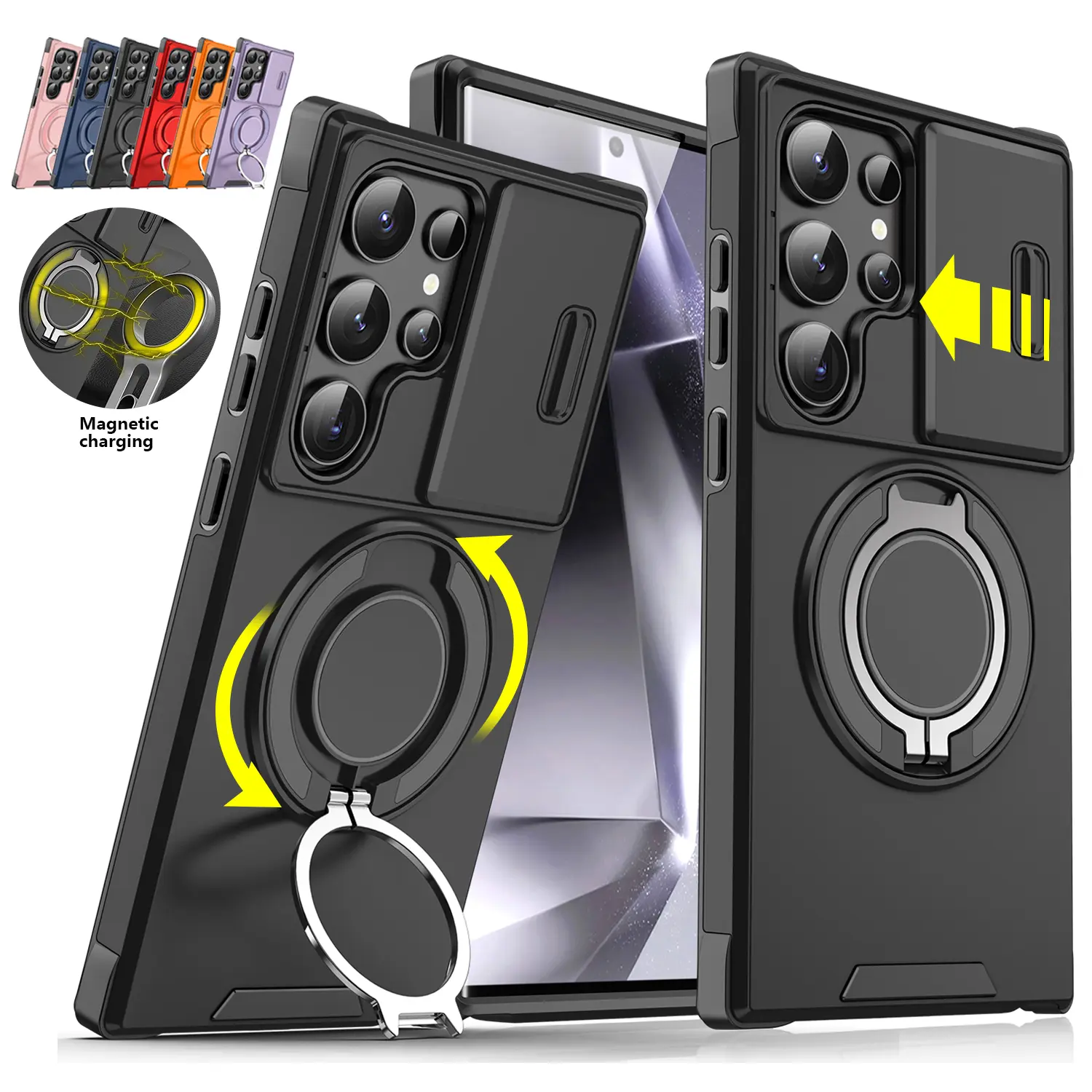 Military-Grade Shockproof Rugged Magnetic Case for Samsung Galaxy S26 Ultra/S25/S24/S23 Plus, Heavy-Duty Armor Cover with 360° Ring Kickstand, Camera Protector & Reinforced Bumper