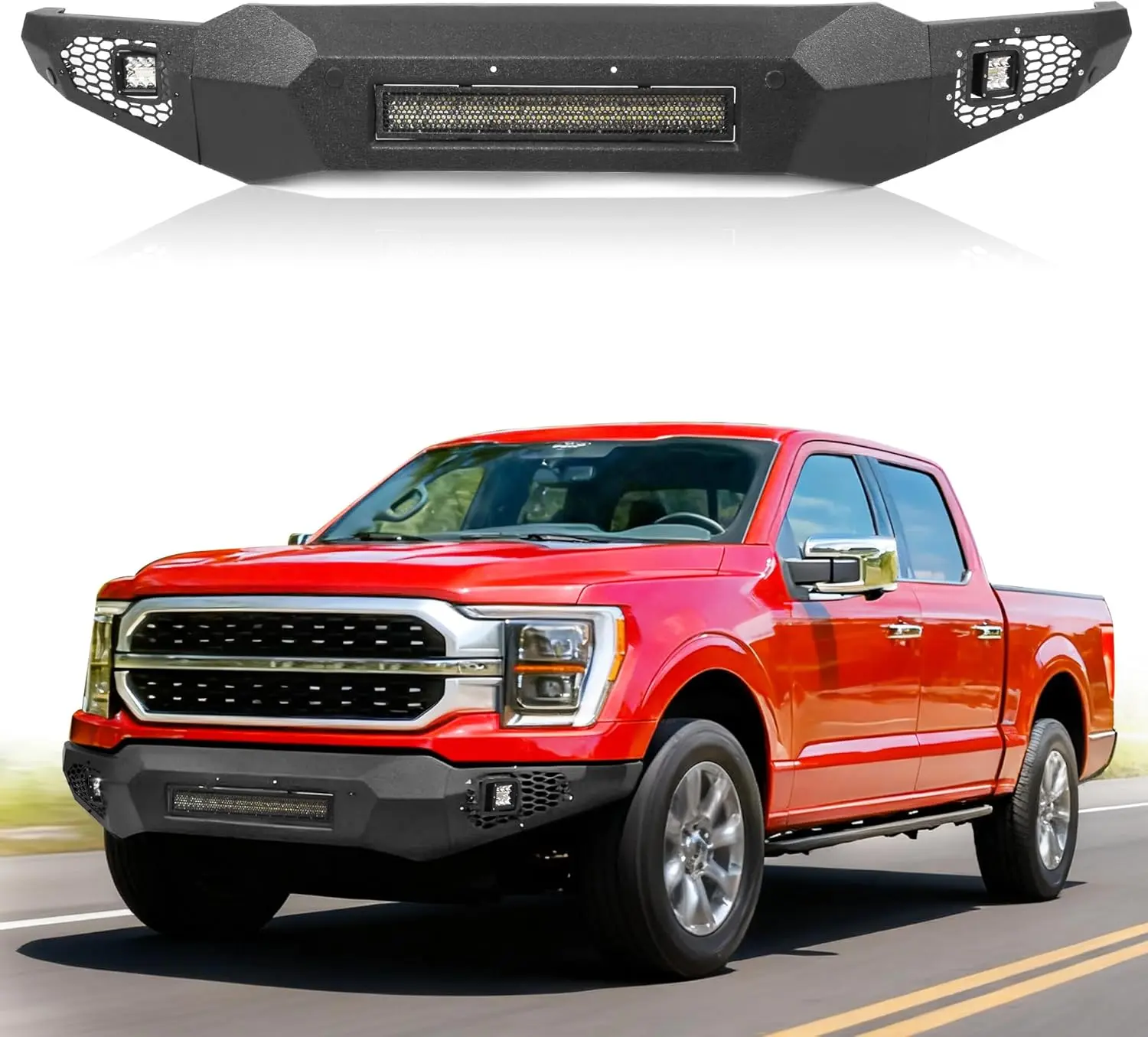 MONOKING Front Bumper for 2021-2024 Ford F150 Excluding Raptor and Lightning, Steel Step Bumper with LED Lights, Sensor Holes and D-Rings