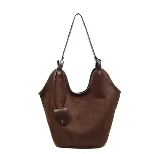 Women's Korean Retro Large-Capacity Suede Zip Tote, Minimalist Casual PU Polyester Crossbody/Shoulder Bag, 43x36x18 cm