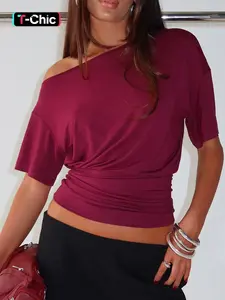 Women's Cinched Waist Asymmetrical One Shoulder Slim Fit Crop Top Sexy Solid Off The Shoulder T-Shirt
