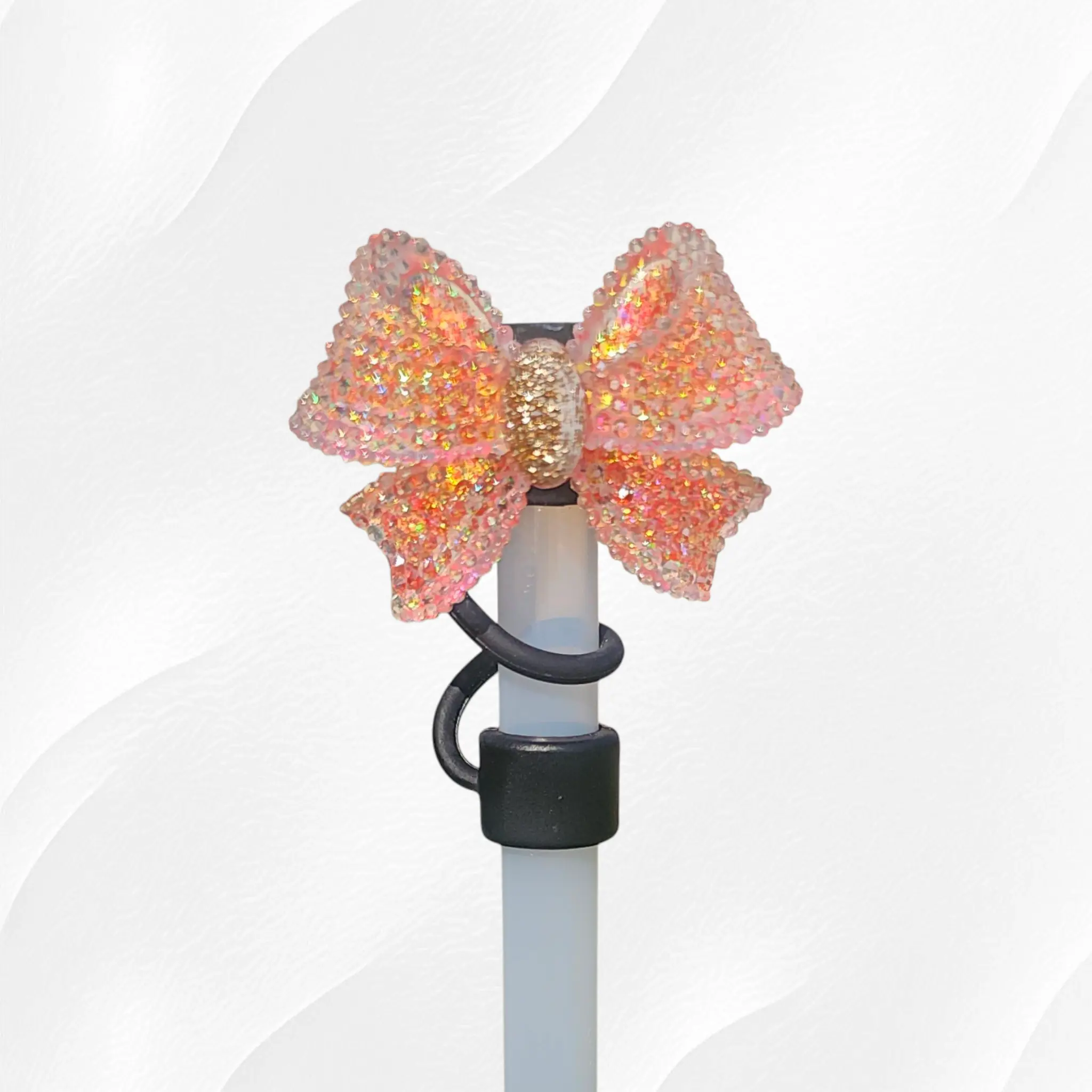 Glitter Ribbon Bow Silicone 10mm Straw Topper - Coral Fusion