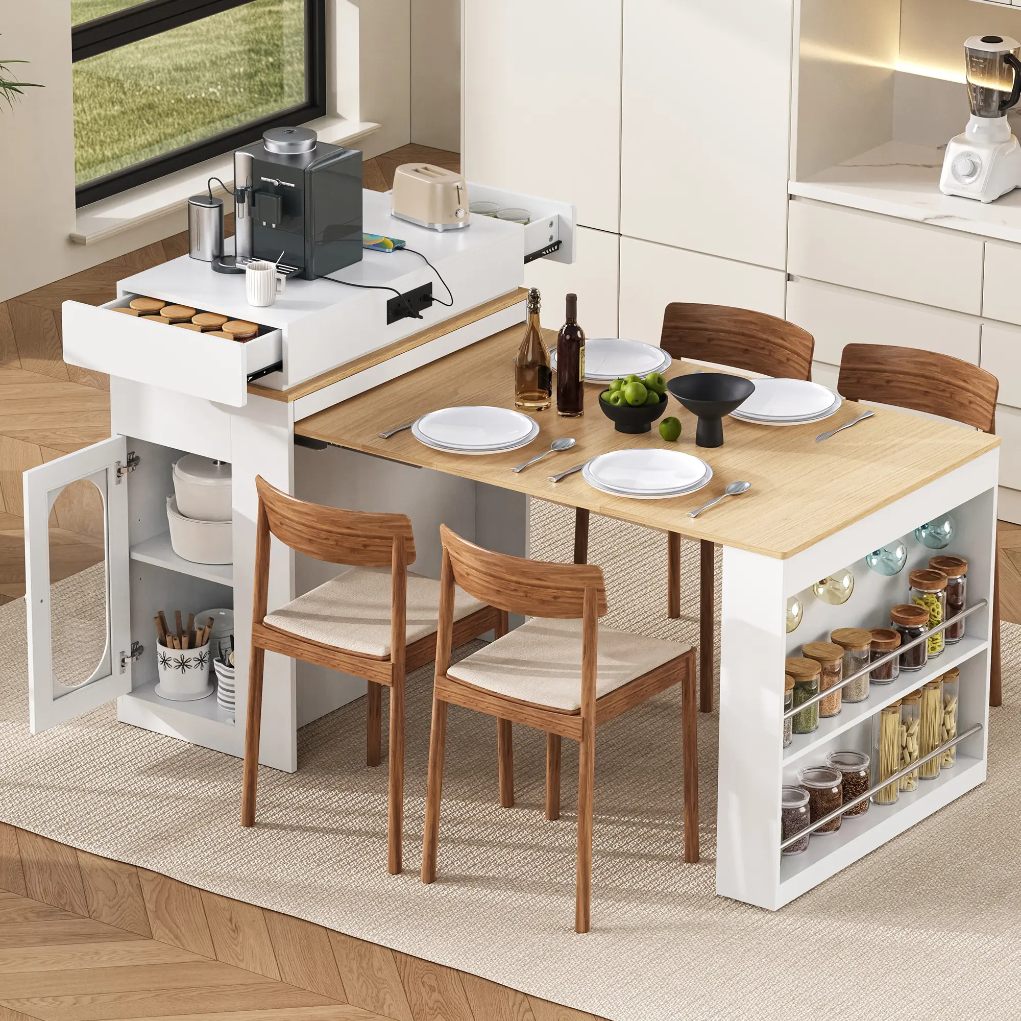 TREXM Extendable Dining Table with Folding Tabletop, Bar Table with Drawers and Power Outlet, Kitchen Island on Wheels with Hooks, Sideboard Buffet for Kitchen Dining Room, Creamy White+Natural, Living Room Table for Sofa Side, Bedroom