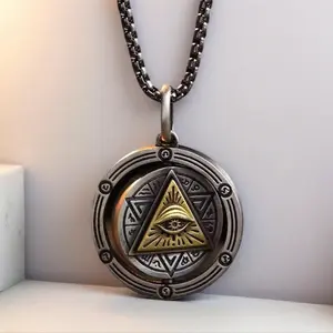Rotatable All-Seeing Eye Necklace Vintage Distressed Pendant Unisex Unique High-End Accessory with Dual Design and Pentagram Rune