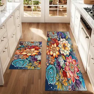 2Pcs abstract floral Floor mat set for farmhouse kitchen Runner Rug restaurant floor laundry room decor carpet mat
