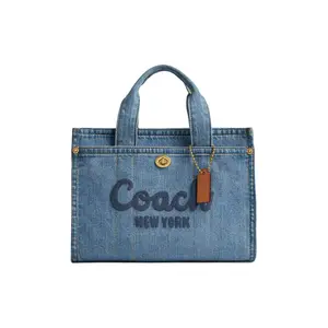 Coach Cargo 26 Embroidered Logo Tote Bag in Denim and Leather for Women