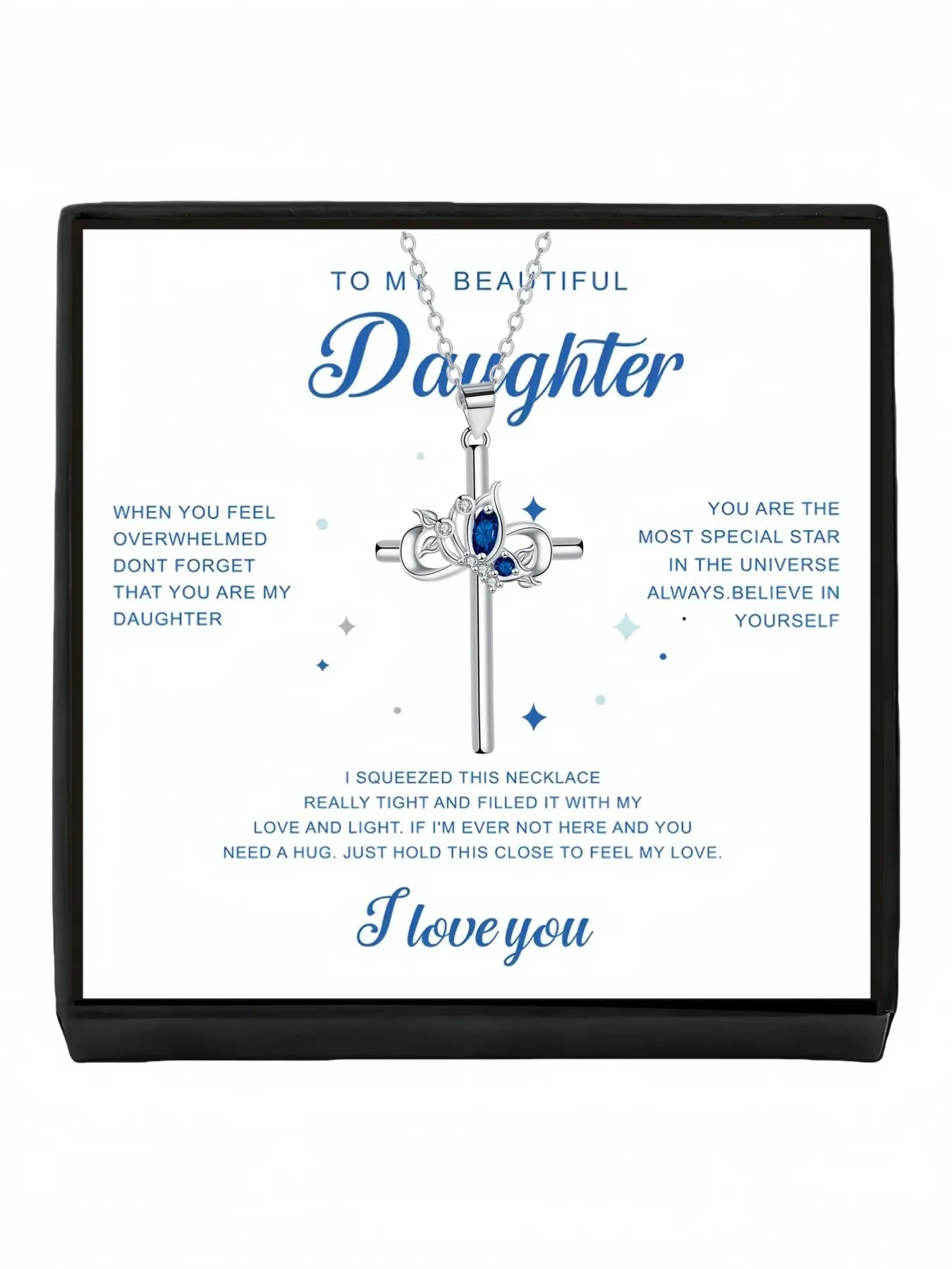 Blue Diamond Cross Bloom Luxury sapphire clavicle necklace with butterfly and cross design. Comes with a greeting card for daughter, perfect as her birthday gift and a mysterious present for all festivals.