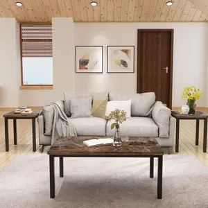 AWQM 3-Piece Faux Marble Coffee Table Set: Rectangular Table & 2 Side Tables. Ideal for Small Spaces - White & Brown. Waterproof Wine Included