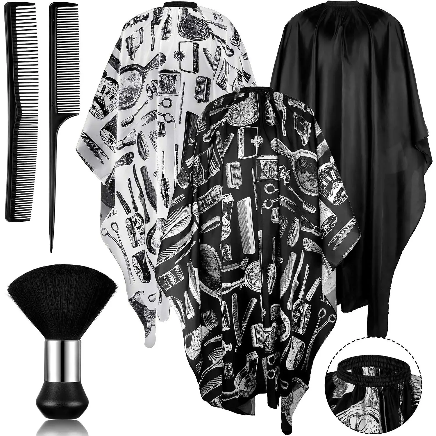 Professional Salon Barber Cape Multi-Pieces Kit (3/5/6-Pieces) - Durable, Lightweight, Waterproof, Adjustable Neck Snap Closure, W/ Neck Duster, Comb Brush, Convenient Haircare Tool for Adult Stylists, Home & Festive Party Supplies