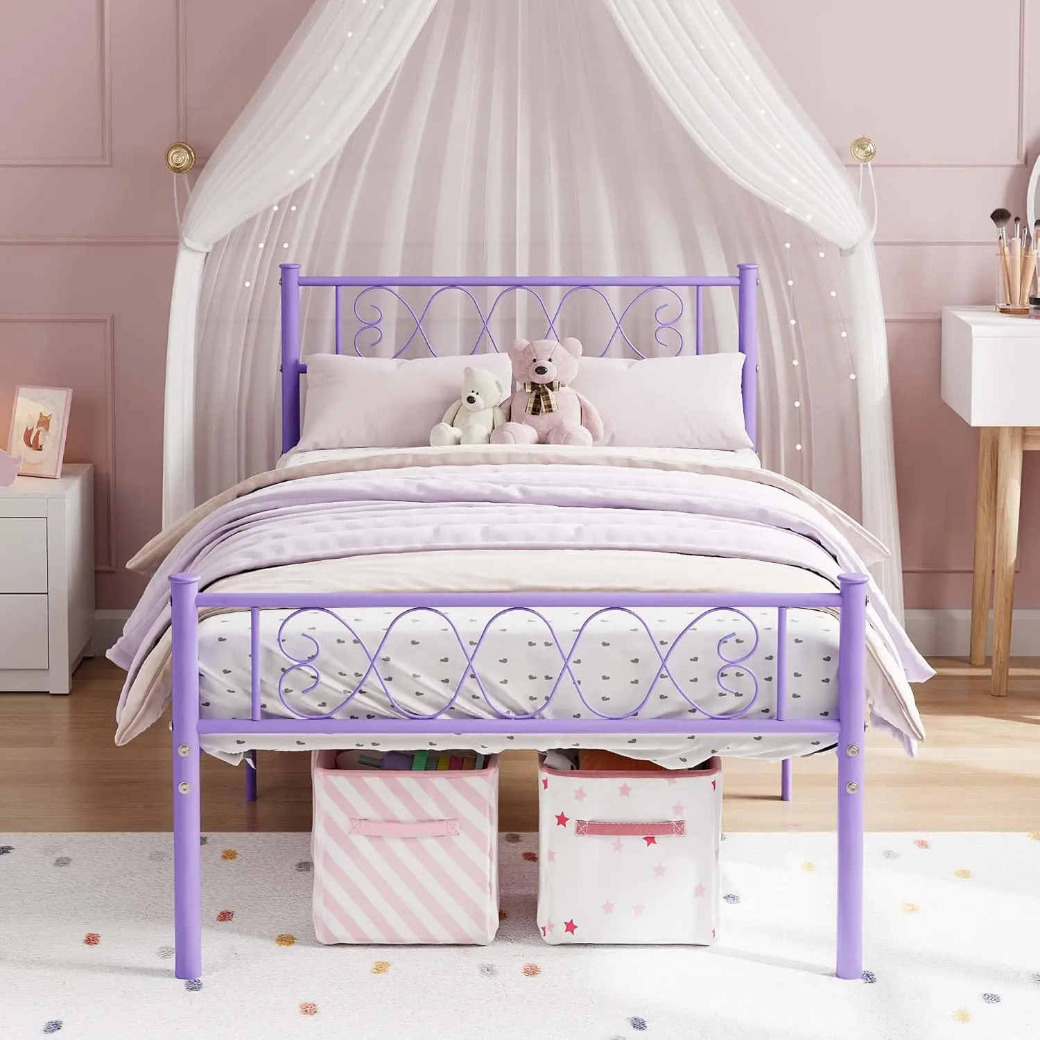 Violet Metal Twin Bed Frame with Headboard and Footboard for Girls and Boys, Twin Size Platform Bed Frame with Iron-Art Sweet Heart, No Box Spring Needed, Easy Assembly White,dorm essentials,home decor