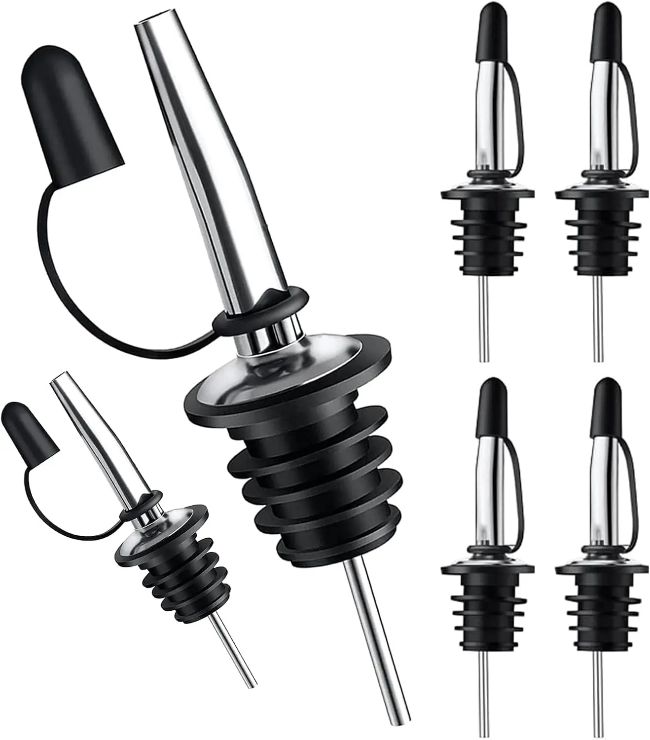 6-Pack Stainless Steel Liquor Bottle Pourers with Dust Caps, Precision Pour Spouts for Liquor, Wine & Oil Bottles, Spill-Resistant Bottle Dispenser Nozzles for Bar, Kitchen & Home Use