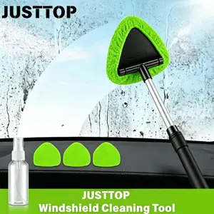 JUSTTOP Windshield Cleaner Tool, Car Interior&Exterior Window Cleaning Tool with Extendable Handle & 4 Reusable Microfiber Pads, Auto Glass Wiper Brush Kit for Cars