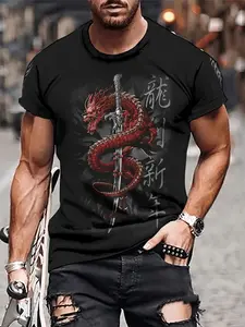 Men's Chinese Style Red Dragon Sword Graphic Print Short Sleeve T-Shirt Oriental Mythical Dragon Samurai Blade Pattern Trendy Casual Top Crewneck Regular Fit All-Season Streetwear Personality Dominance Outfit Hot Graphic Tee Bestseller