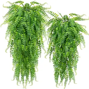 Artificial Hanging Plants 2 Pack Fake Ferns Boston Ivy Vines UV Resistant Plastic Outdoor Decor, Durable Artificial Greenery for Home & Garden