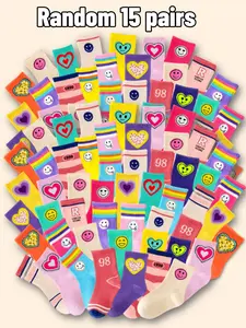 Random 15 Pairs Girls Sports Socks, Heart Colorful Stripes Cartoon Design, Soft Comfortable Kids School Socks for Spring Summer Fall Winter, Casual Comfy Socks