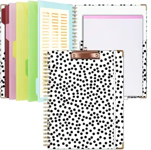 Clipboard with Storage 8.5 X 11 Spiral Letter Size Padfolio Organizer with Notepad Pen Holder 5 Extra Folder Divider Pages Elastic Closure Polka Dots Nurse Office Essentials