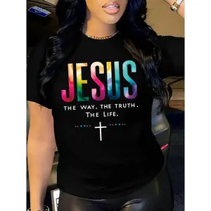 Women's Inspirational Jesus Graphic T-Shirt - Colorful Letter & Cross Print, Crew Neck Short Sleeve Top for Spring & Summer, Machine Washable Gorgeous Love