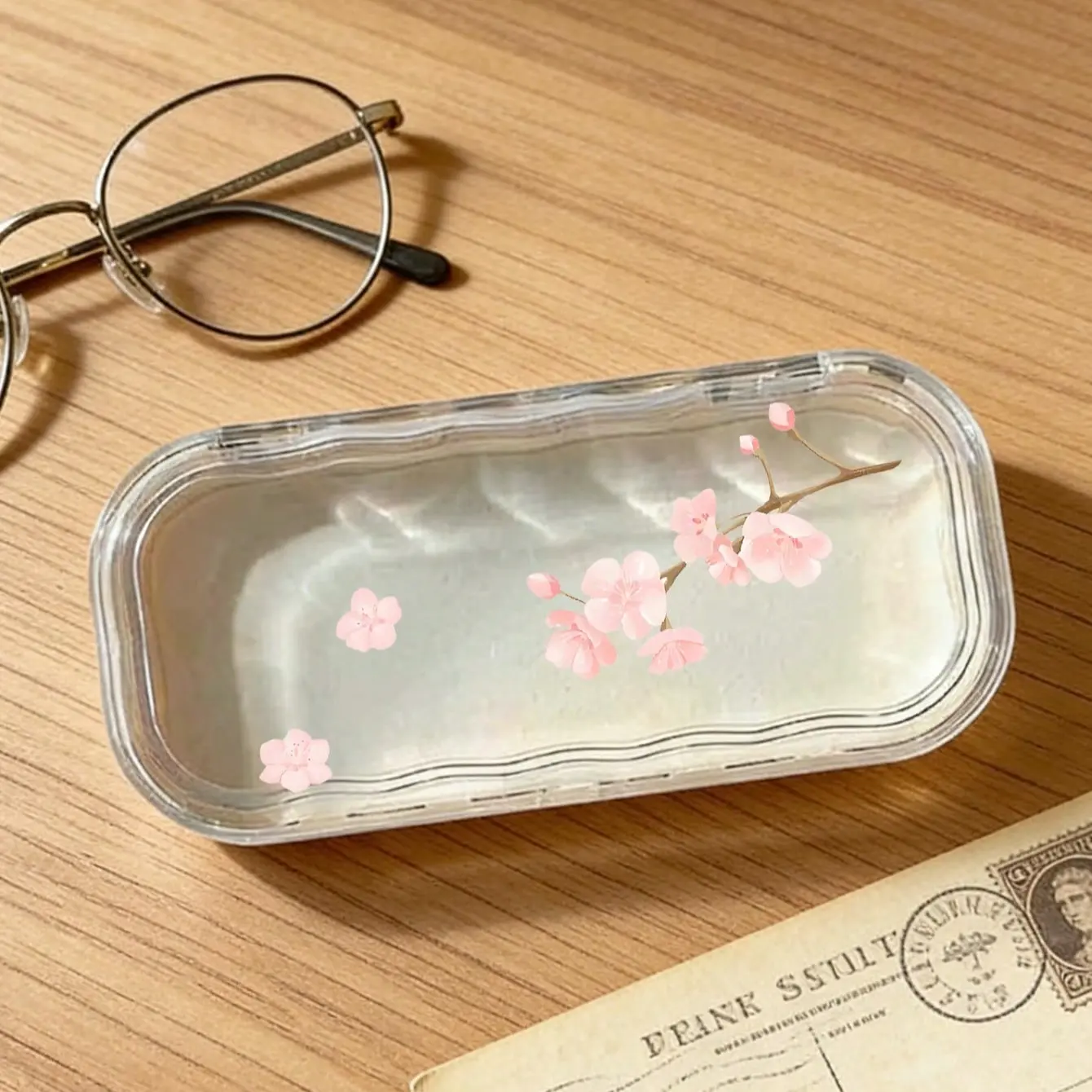 Women's Cherry Blossom Pattern Eyeglass Case, Portable Storage Box, Glasses Storage, Anti-Scratch Dustproof, Transparent Cream Color, Perfect Gift