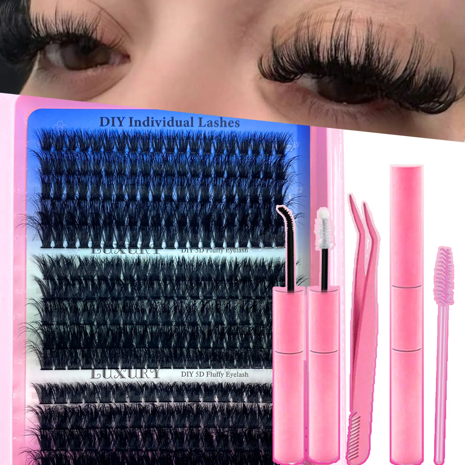 Mikiwi Mink Lash Clusters Eyelash Extensions Kit, 60D/80D/100D Thick Spiky Fluffy D-Curly 10-18mm Individuals, Mega Wispy Dark Fairy Lashes for DIY Makeup