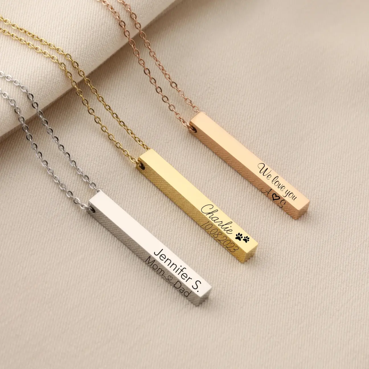 Vertical Bar Necklaces for Woman, Personalized Necklace Names Engraved Coordinates, Date Necklace 3D Bar Gold, Silver, Rose Gold Custom Gift