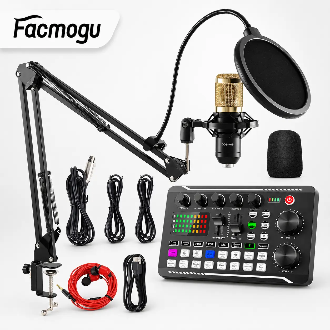 [Facmogu]Podcast Equipment Bundle, F998 Live Sound Card with BM800 Recording Studio Microphone, Professional Live Sound Card w/Dj Mixer Effects & Voice Changer for Live Streaming Gaming YouTube TikTok
