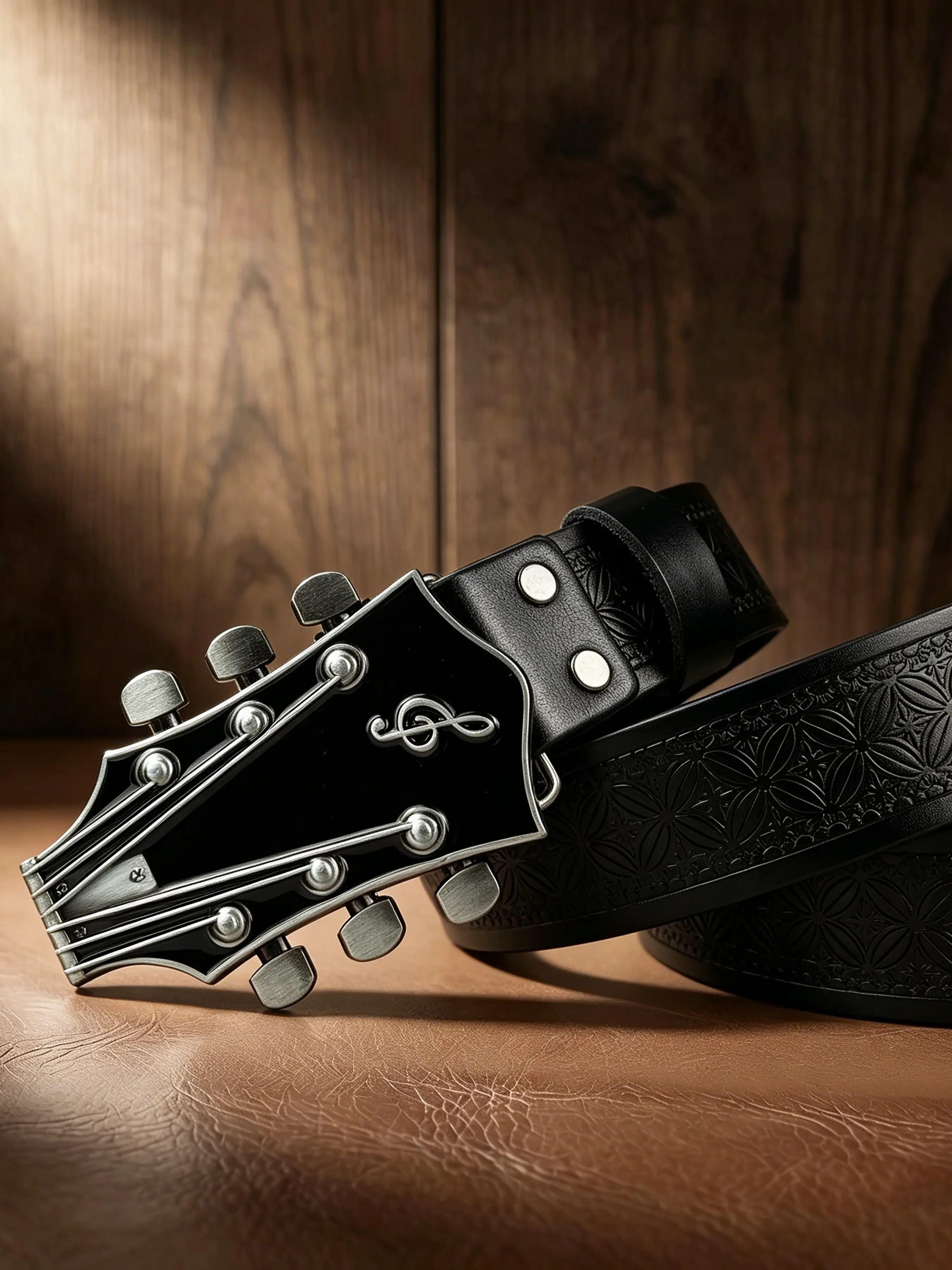 Personalized instrument guitar head design buckle, retro rock floral pants belt, men's and women's western denim style, alloy material western buckle, 3.7cm/1.46in wide belt, Pu leather belt, Western belts, suitable for music enthusiasts