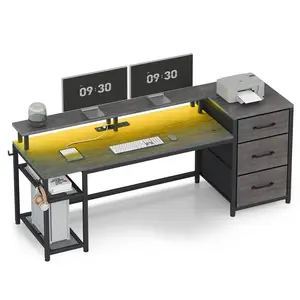 Sikaic 59 Inches Reversible LED Gaming Desk with File Drawers Grey Dual Monitor Mount Adjustable Monitor Mount