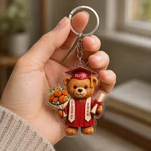 RodyThread Personalized Graduation Bear Keychain Key Ring Bag Charm Class of 2026 Students Graduates Cute Preppy Celebratory Purple Gown Silver Metal Acrylic Custom Name Keepsake High School College Grad Gift Diploma Flowers Design