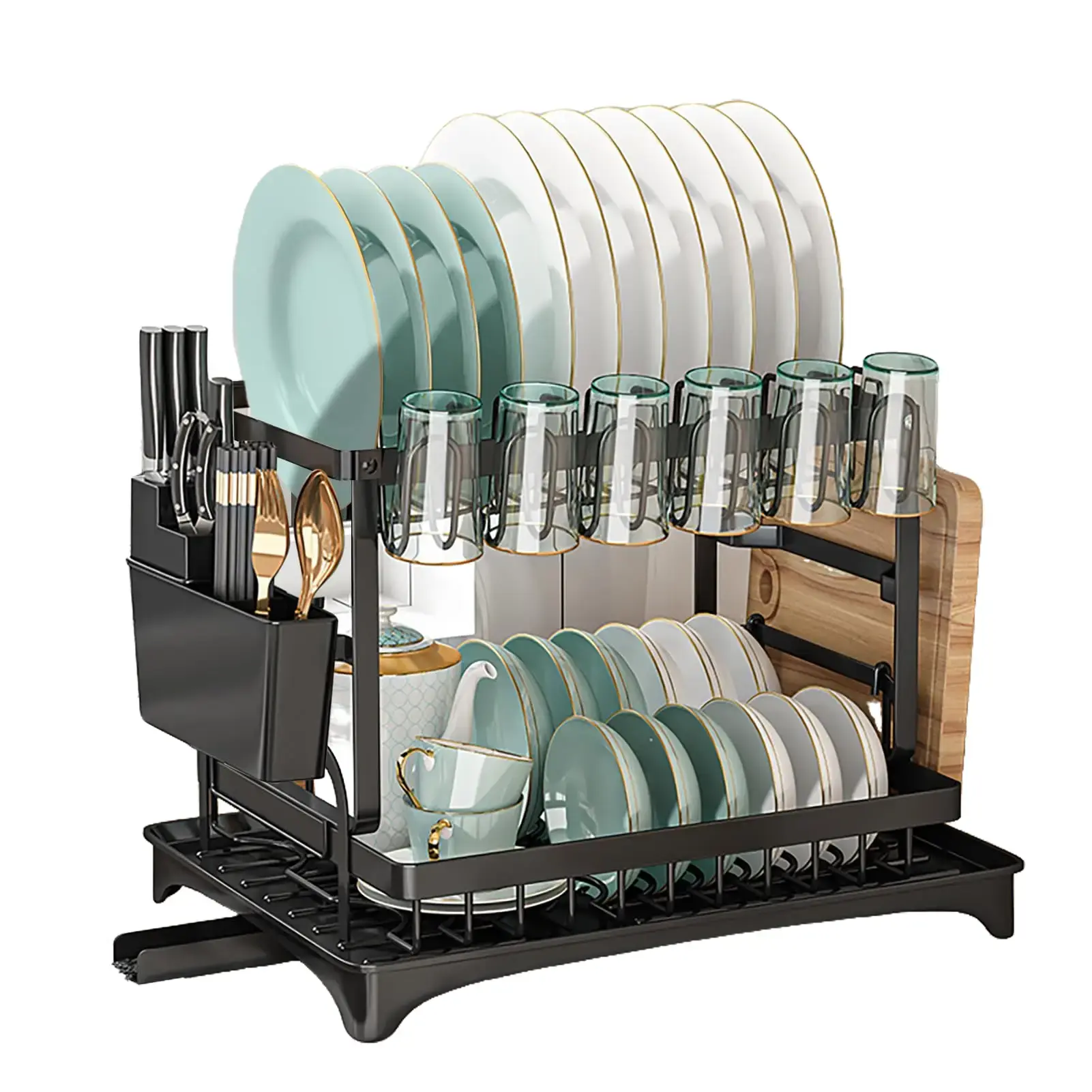 Abs-Alum. Functional Kitchen Dishwasher Rack with Knife Block, Cup Holders – Corrosion-Res. Home Organizer for Busy Households’ Efficient Dish Storage & Organization