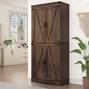 71in Farmhouse Kitchen Pantry Cabinet,Tall Storage Cabinet with 4 Doors and Adjustable shelves,with Load-Bearing Steel Pipe,Wood Storage Cabinets for Kitchen,Dining Room,Bathroom
