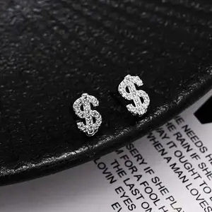 Punk Zircon Dollar Symbol Stud Earring for Men Women Gothic Hip Hop Shiny Crystal Personality Earrings Rock Jewelry Gift ﻿