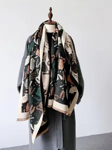 Cute Cat Pattern Double Sided Scarf, Tassel Decor Casual Soft Warm Shawl for Women & Men, Fashion Accessories for Fall & Winter