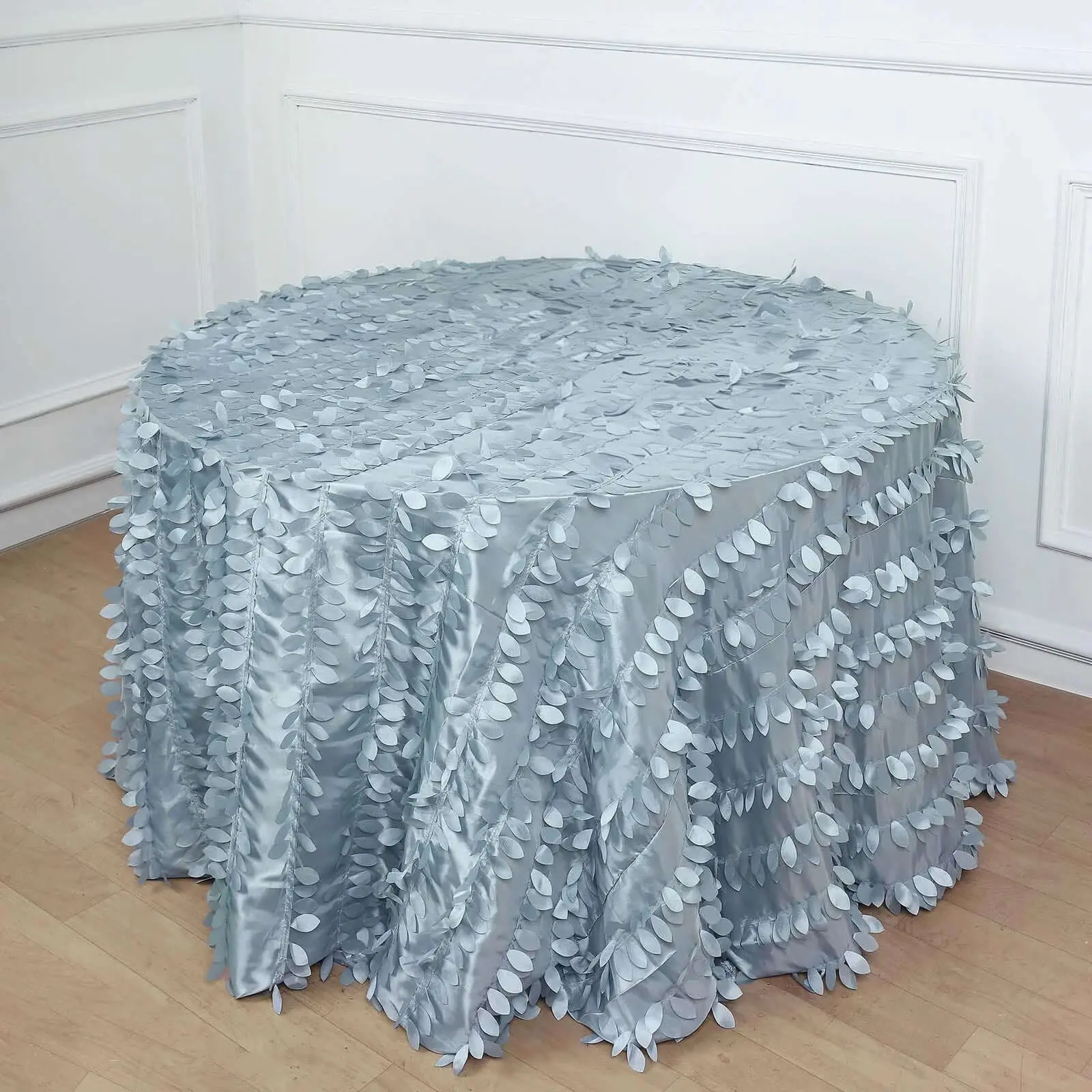 Dusty Blue 120" Diameter Taffeta Round Tablecloth - 3D Leaf Petal Seamless, Machine Washable Household Kitchen Linen for Celebration, Party, Event, Cold Wash, Tumble Dry