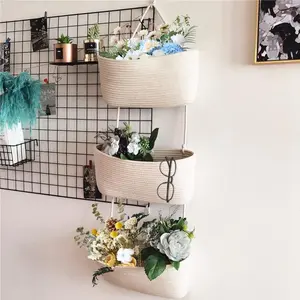 Woven cotton 3-tier wall hanging baskets for organizing, hanging storage basket, over the door basket organizer, wall mounted basket for decorative nursery organization, hanging baskets for nursery decoration