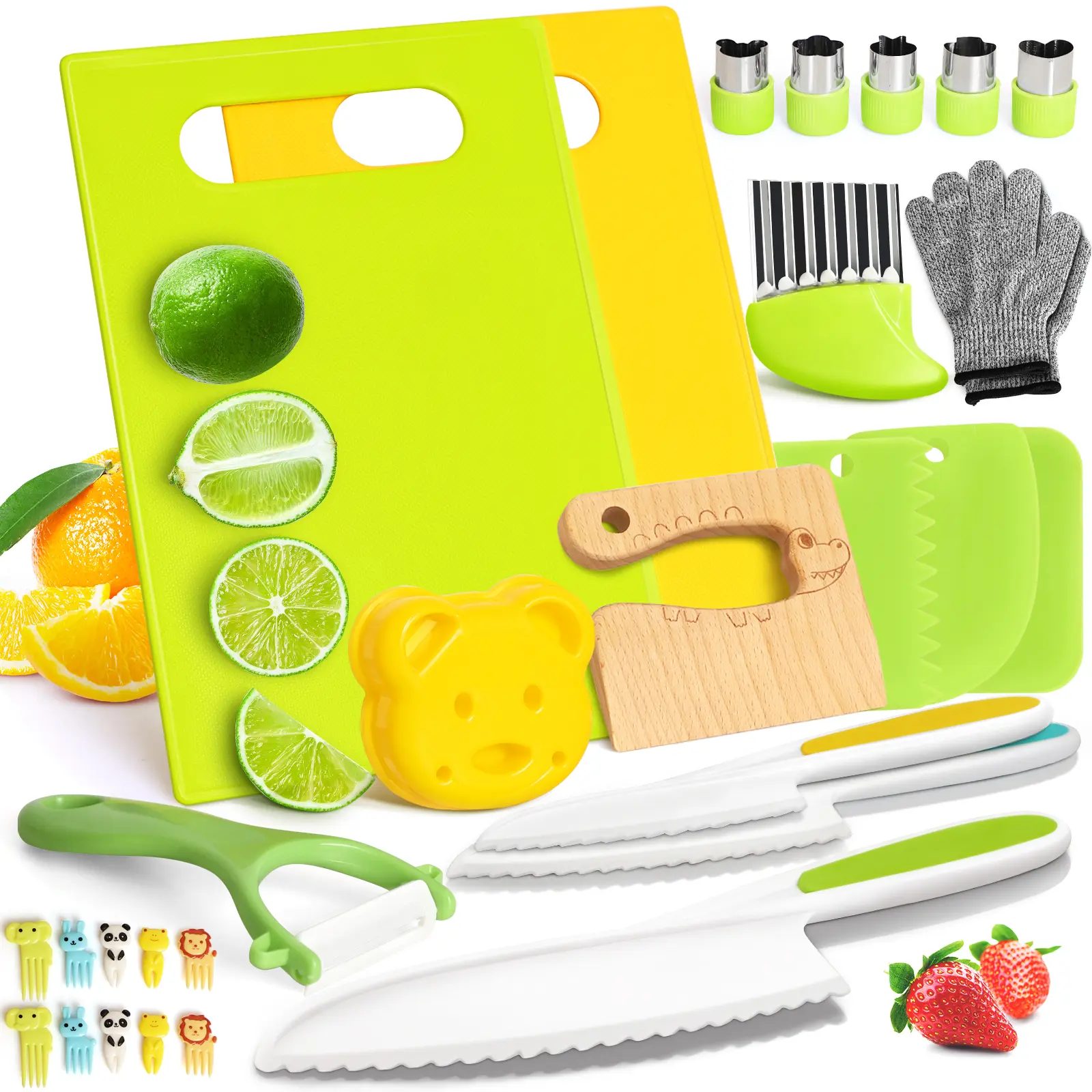 28PCS Toddler Knife Set - Kids Knifes for Real Cooking, Montessori Kids Kitchen Knife Set with Cutting Board Crinkle Cutters Kid Safe Knives, Toddlers Kitchen Tools for Girl Boy