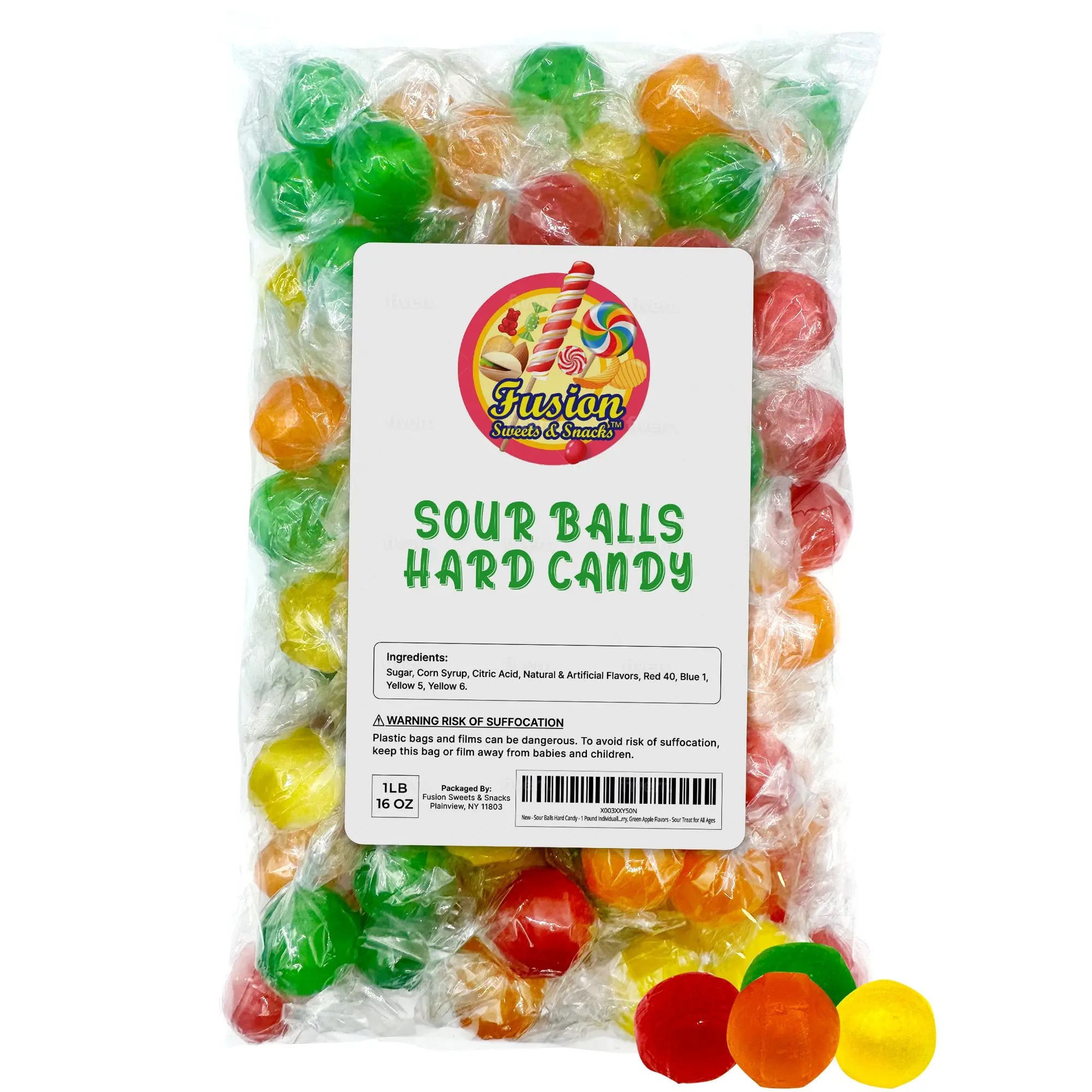 Sour Balls Hard Candy - 1 Pound Individually   Wrapped Candy  - Bulk Assorted Fruit Candies - Orange, Lemon, Strawberry, Cherry, Green Apple Flavors - Sour Treat for All Ages Sour Candy