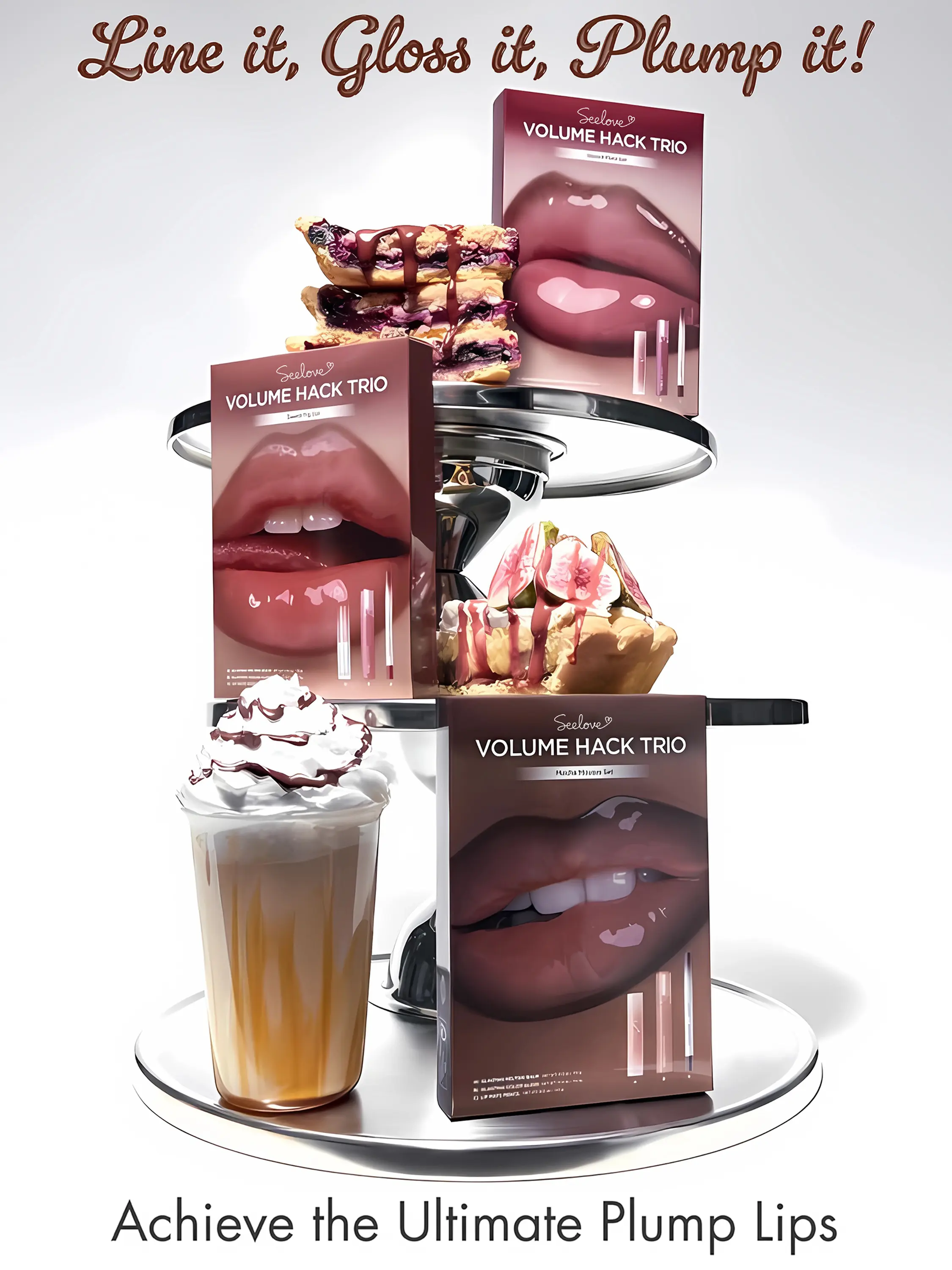 [Instant 3D Lip Volume] Seelove Lip Volume Hack Trio – Fuller Overlined Lips in 3 Easy Steps, Lip Pencil + Melting Balm + Color Gloss