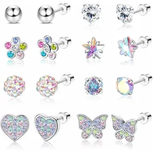 Jstyle 8 Pairs Hypoallergenic Screw Back Earrings for Girls Women 316L Stainless Steel Cute CZ Butterfly Heart Flower Pearl Screwback Stud Earrings Set for Teen Girls Multicolored Pink Tone