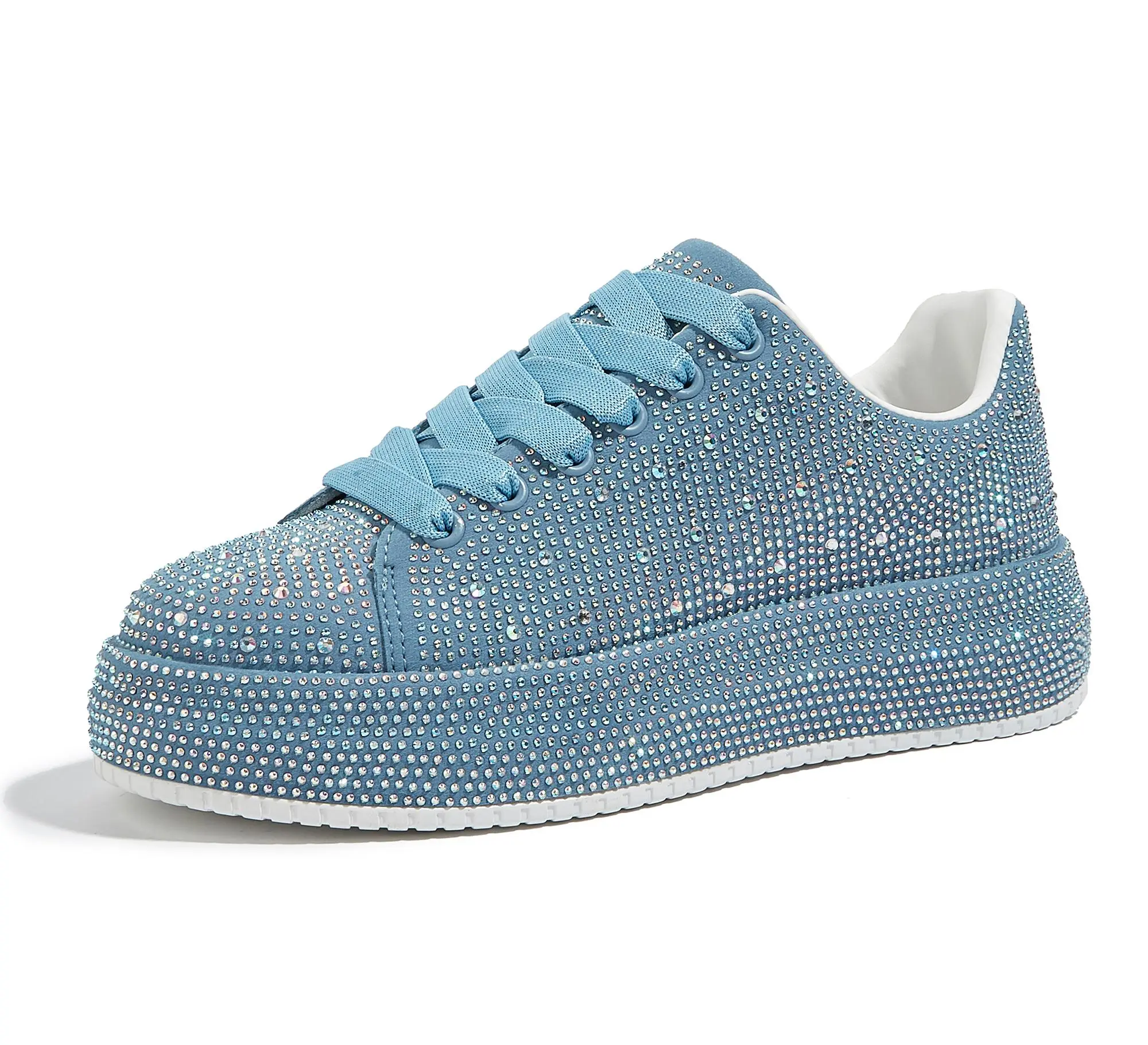 LUCKY STEP Women's Closed Platform Rhinestone Fashionable Footwear Sneakers - Lightweight Chunky Casual Walking Shoes with Sparkle Bling, Polyurethane Sweet Cute Bedazzled Shoe for Wedding Bridal Party, Summer Outdoor Use, Fashionable Sneakers, Lace-Up, S