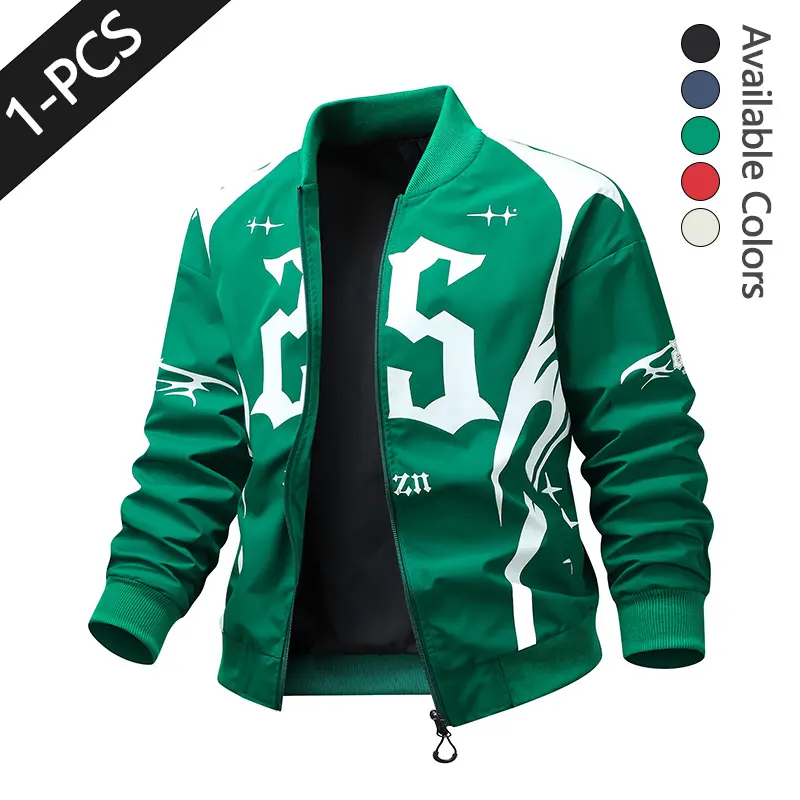 Men's casual aviator jacket with vintage print and stand collar
