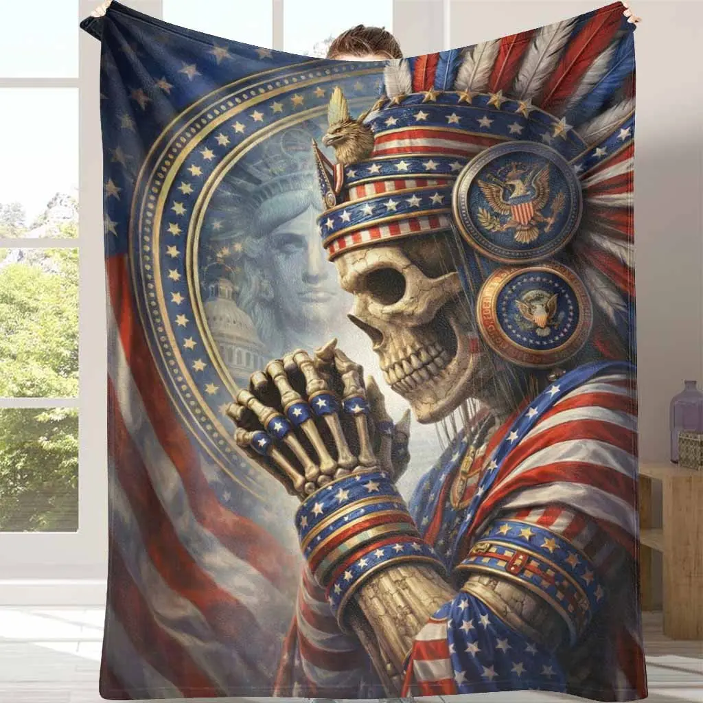 American Patriotic Skeleton Flannel Throw Blanket - Eagle Bird, Statue of Liberty Figure, Independence Day Print, Soft, Warm, Durable, Wrinkle-Resistant, Breathable, Lightweight, Multi-Use 50x60in Medium for Teens, Living Room, Holiday Gift
