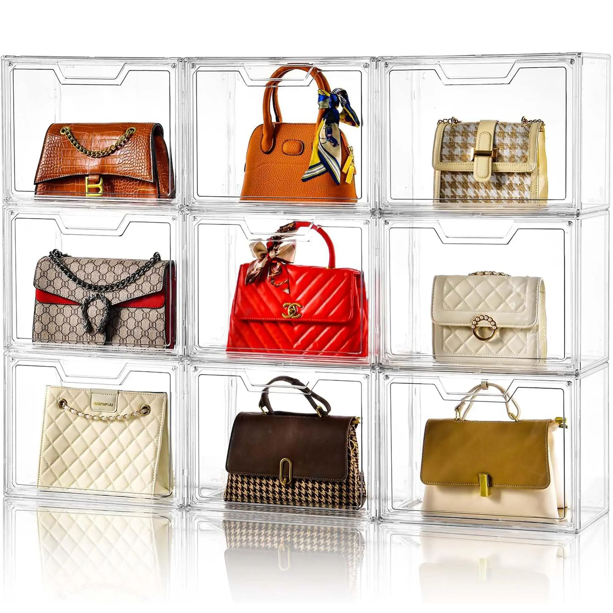 (9 Pack) Purse Organizer for Closet,Clear Acrylic Display Case for Handbag Organizer, Purse Storage Box with Magnetic Door, Plastic Storage Bins for Book, Collectibles, Cosmetic, Closet Storage,dorm essentials,home decor
