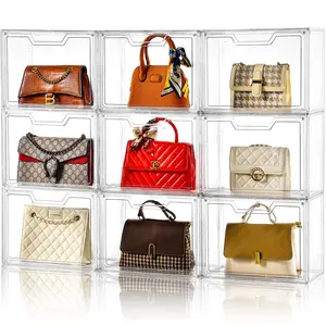 (9 Pack) Purse Organizer for Closet,Clear Acrylic Display Case for Handbag Organizer, Purse Storage Box with Magnetic Door, Plastic Storage Bins for Book, Collectibles, Cosmetic, Closet Storage