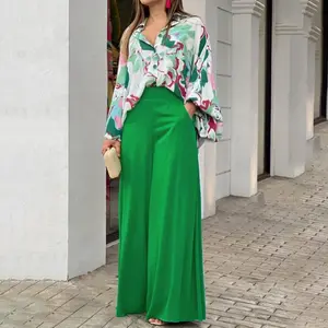 2025 European & American Women’s Autumn Printed Shirt + Elegant Wide-Leg Pants Fashion Casual Two-Piece Set Dress