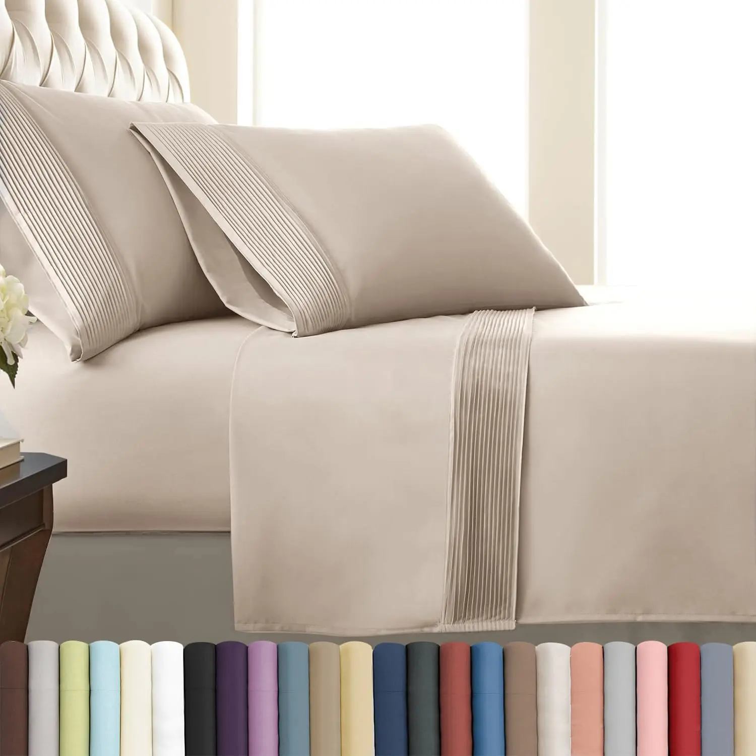 Vilano Soft Solid Extra Deep Pocket Pleated Fitted Sheet Set - High-Quality, Long-Lasting Durability Earth Tone Bedding Linens, Machine Washable for Twin XL, Full, Queen, California King, Split King Sizes