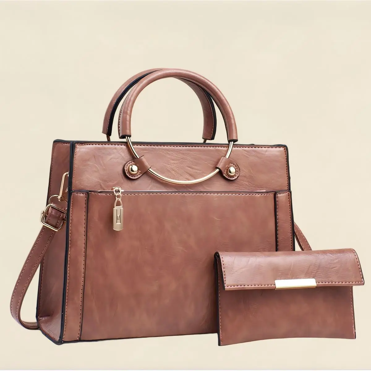ESIMILEEYA Women's 2PCS Vintage PU Leather Tote Bag Set - Metal Ring Top Handle Handbag with Matching Purse, Detachable Crossbody Strap, for Work, Office Use