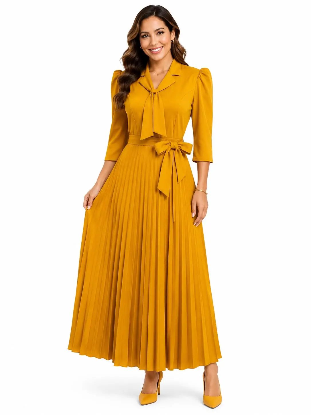 Elegant Yellow Pleated Maxi Dress with Bow Detail and Three-Quarter Sleeves for Women