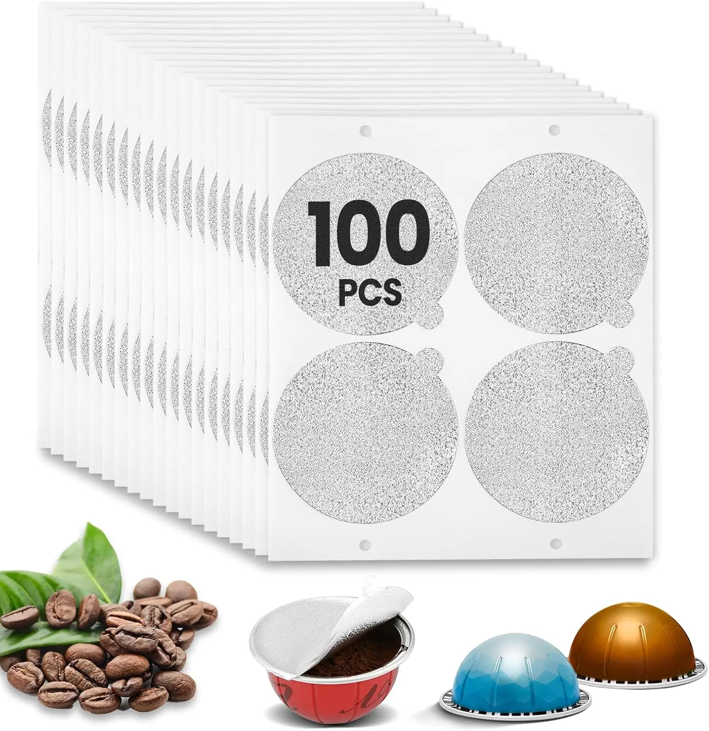 Reusable Aluminum Foil Seal Lids for Nespresso Vertuo Refillable Reusable Pods/Capsules - 100PCS Eco-Friendly, Cost-Effective Home Use Coffee Station Kitchenware Accessories (Single Pod Not Included)