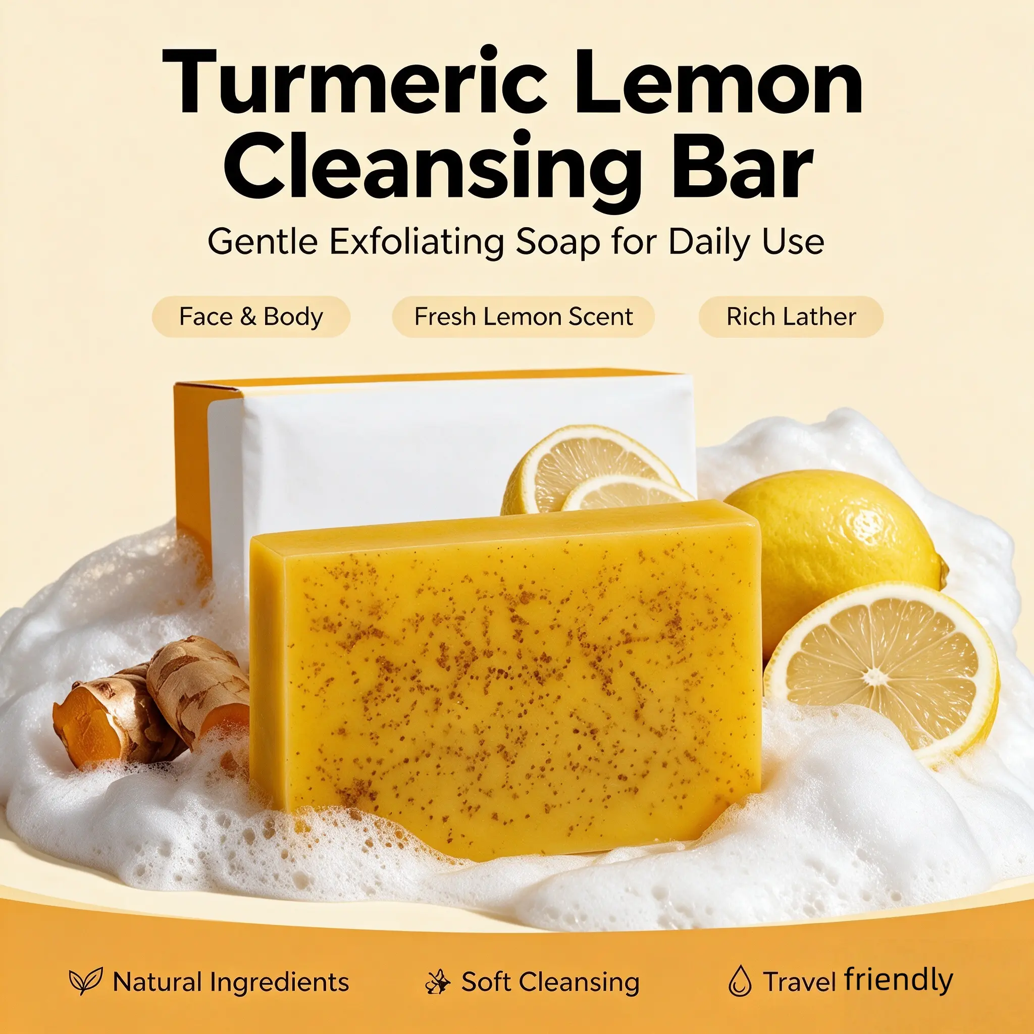 Turmeric Lemon Kojic Acid Soap Bar - Gentle Daily Cleanser for Face & Body with Exfoliating Plant Extracts